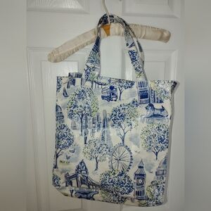 Cath Kidston British England Blue Toile Print Oilcloth Fabric M Tote Bag EUC